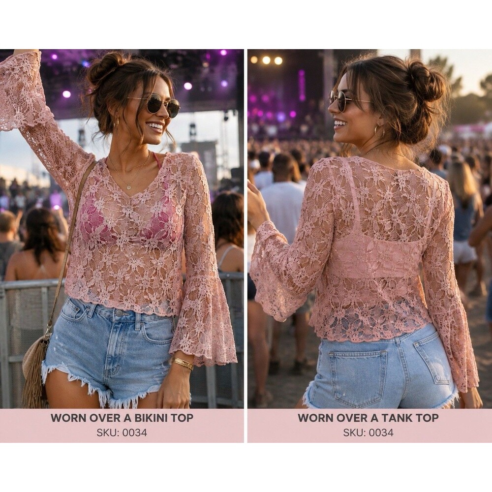 Blush Pink Floral Lace Top W S Sheer Bell Sleeve Romantic Coquette Boho Fairy